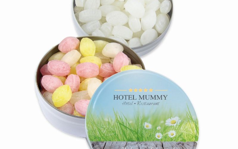 Kulatá plechová krabička s bonbóny