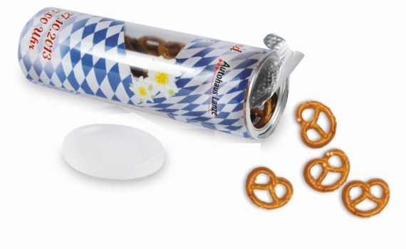 Slané preclíky a sušenky v plastovém tubusu s vlastním potiskem