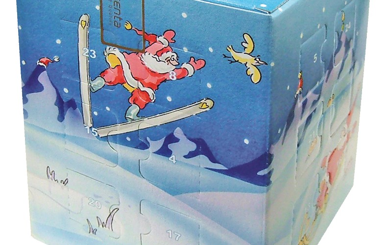 Reklamní adventní kalendář s pralinkami a krabička na dárek