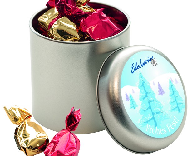 Silver round tin filled with bonbons in foil