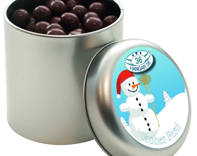 Čokoládové křupavé kuličky v kulaté plechové dóze s potiskem