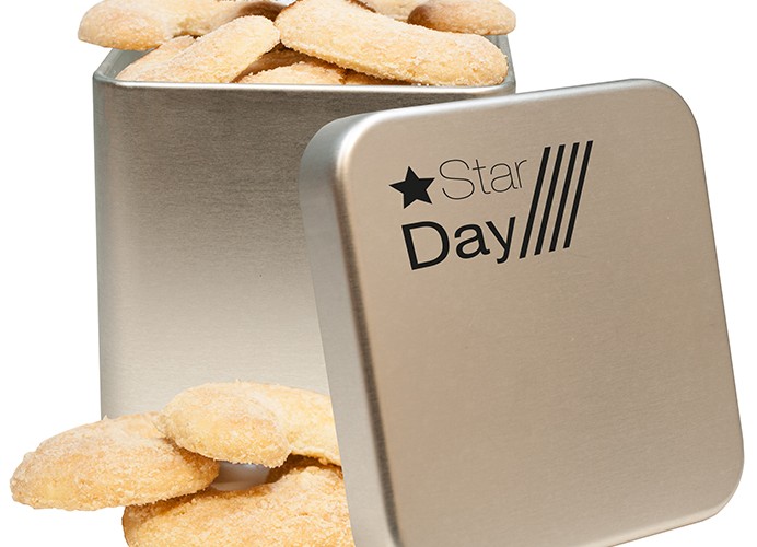 Vanilkové rohlíčky v hranaté plechové dóze s potiskem