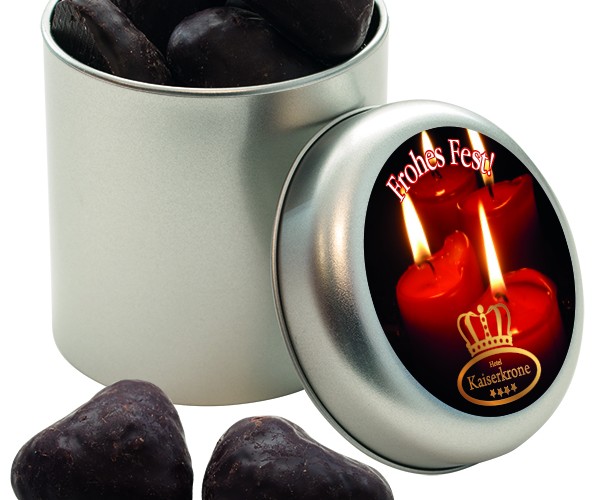 Perníková srdíčka politá čokoládou v kulaté plechové dóze s potiskem