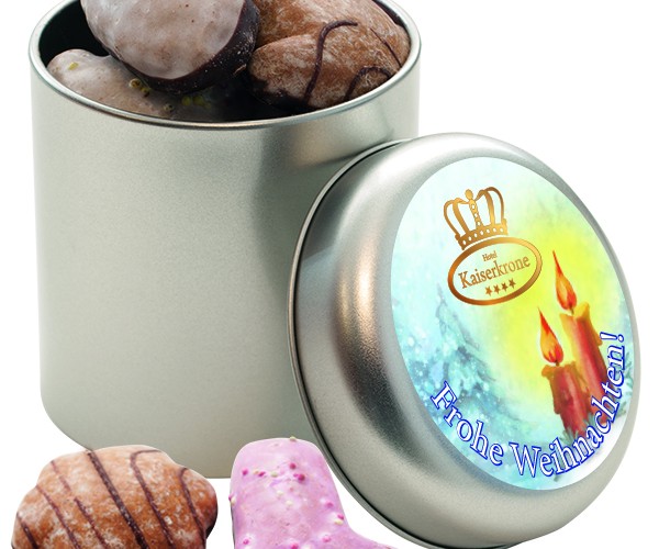 Perníčky mix různé druhy v kulaté plechové dóze