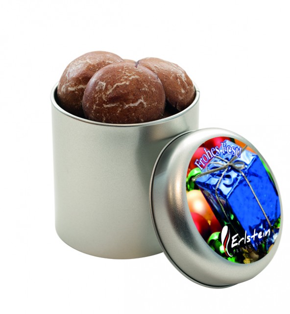 Silver round tin filled with gingerbread biscuits - MiniTin