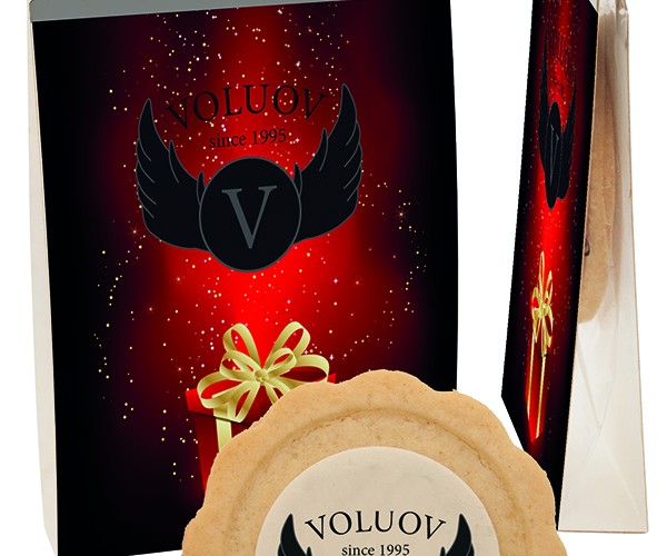 Reklamní sušenka v papírovém přebalu s potiskem