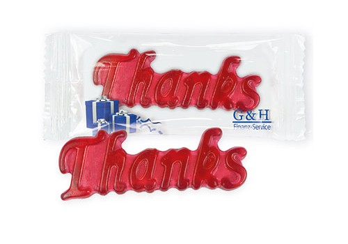 Gumový nápis s poděkováním v obalu s potiskem