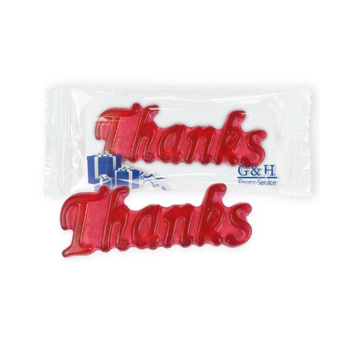 Gumový nápis s poděkováním v obalu s potiskem