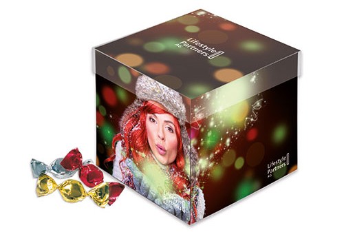 Reklamní dárková krabička s bonbóny v lesklé fólii v šesti barvách