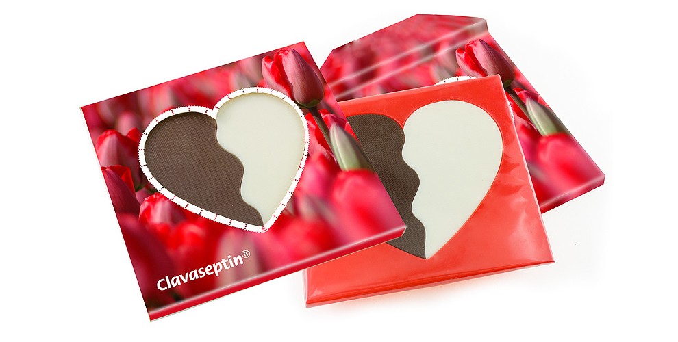 Dvoubarevné srdce v reklamní krabičce