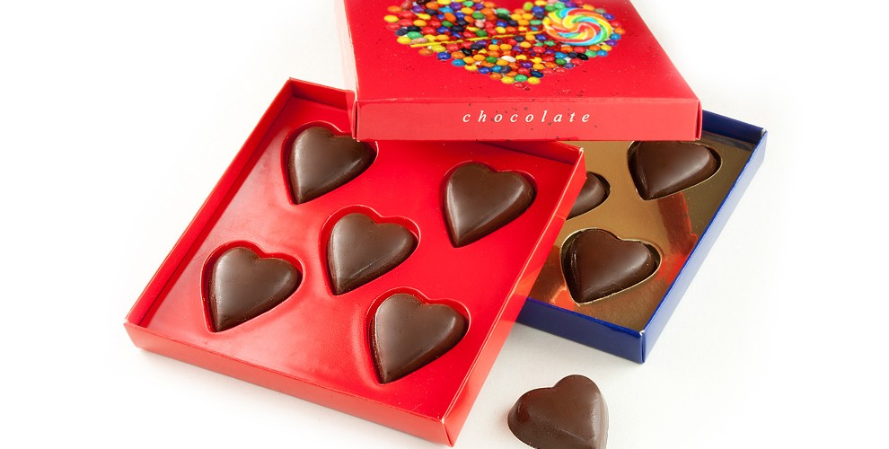 Čokoládová srdíčka v reklamní krabičce