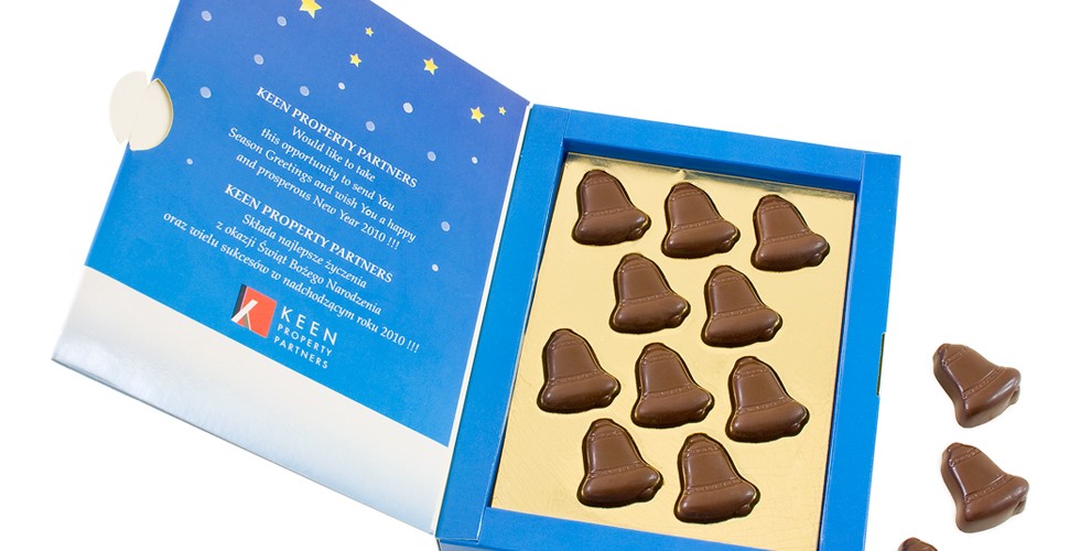 Čokoládové zvonky v reklamní krabičce