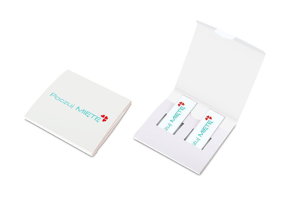 Chewing gum leaf wrapped in silver laminate and label with promotional prin