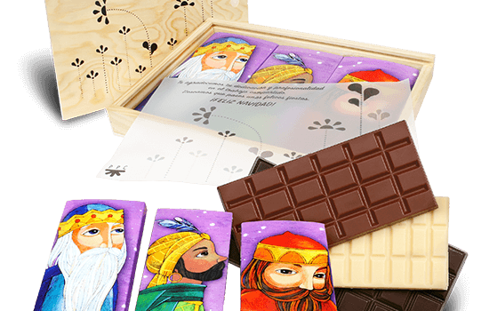 Wooden box filled with three chocolate bars