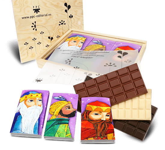 Wooden box filled with three chocolate bars