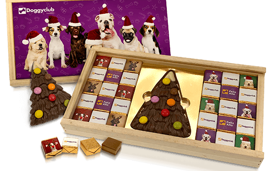 Christmas wooden box with chocolates