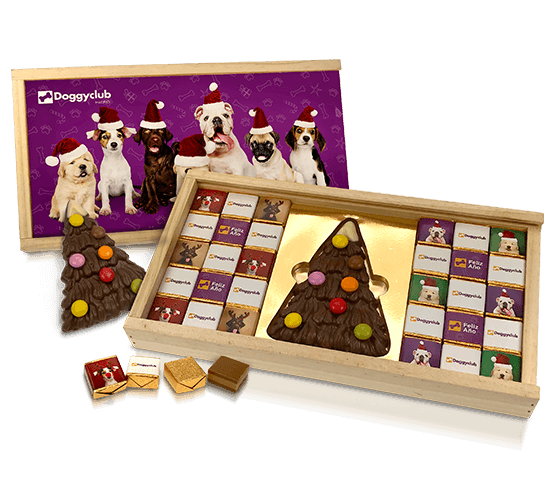 Christmas wooden box with chocolates