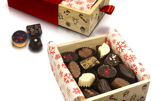 Christmas wooden box with chocolates