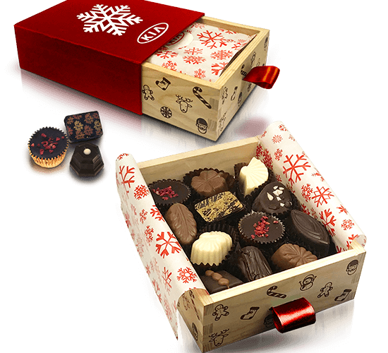 Wooden box with Christmas chocolates