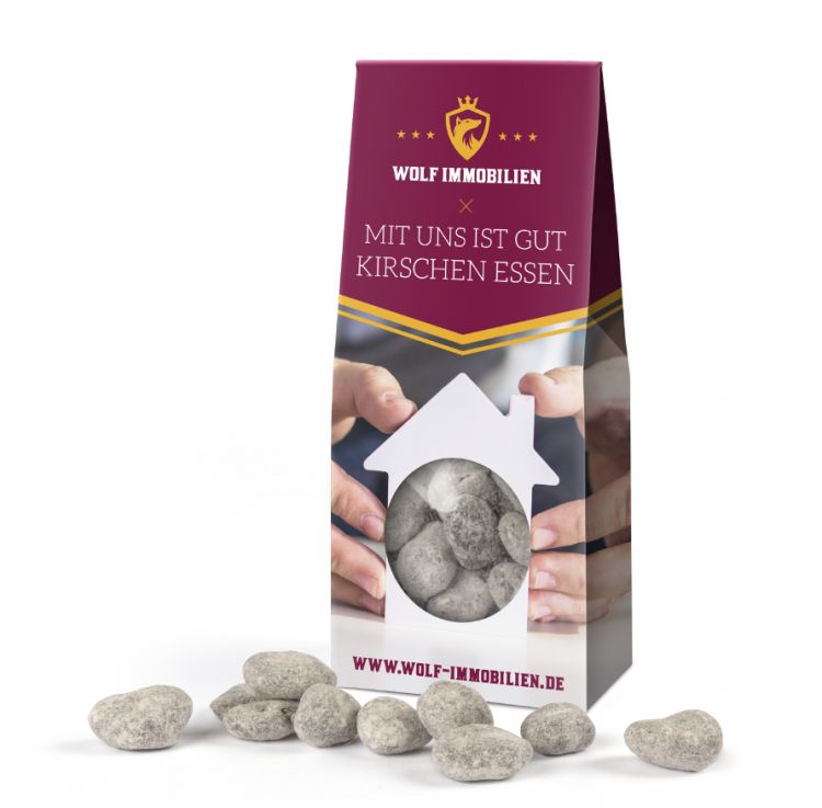 Cherries in dark chocolate in block bottom carton