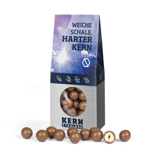 Hazelnuts in milk chocolate in block bottom carton