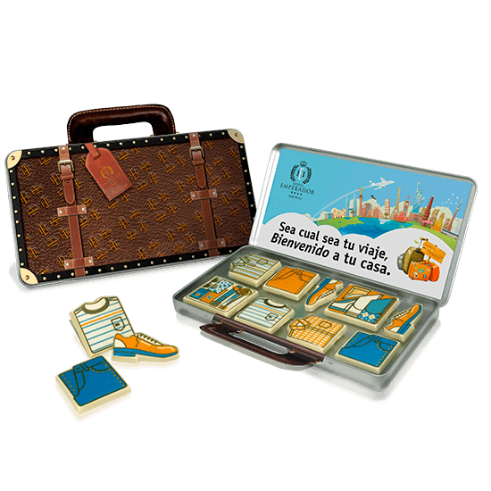 Suitcase tin with 8 chocolates