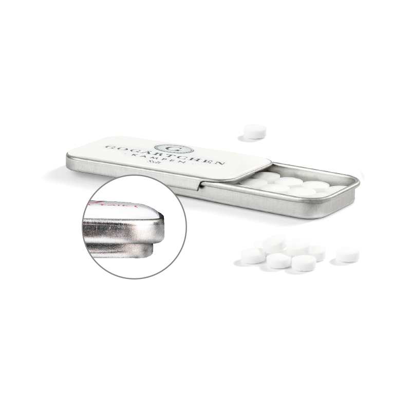 Promotion sugar-free peppermint minties in a flat metal box