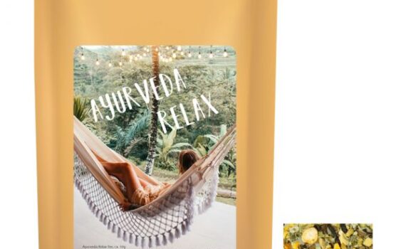 Ayurveda relax tea 50g, midi stand up pouch with custom printed label