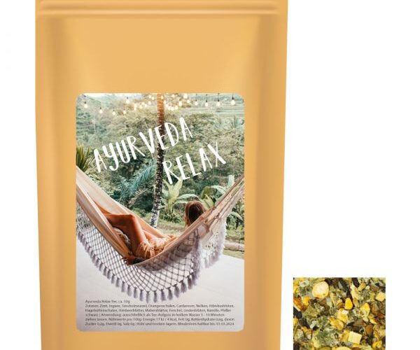 Ayurveda relax tea 50g, midi stand up pouch with custom printed label