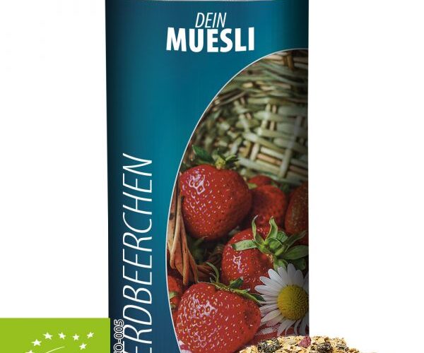 Organic muesli strawberry 150g, cardboard can medium with promotional label