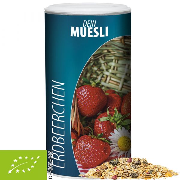Organic muesli strawberry 150g, cardboard can medium with promotional label