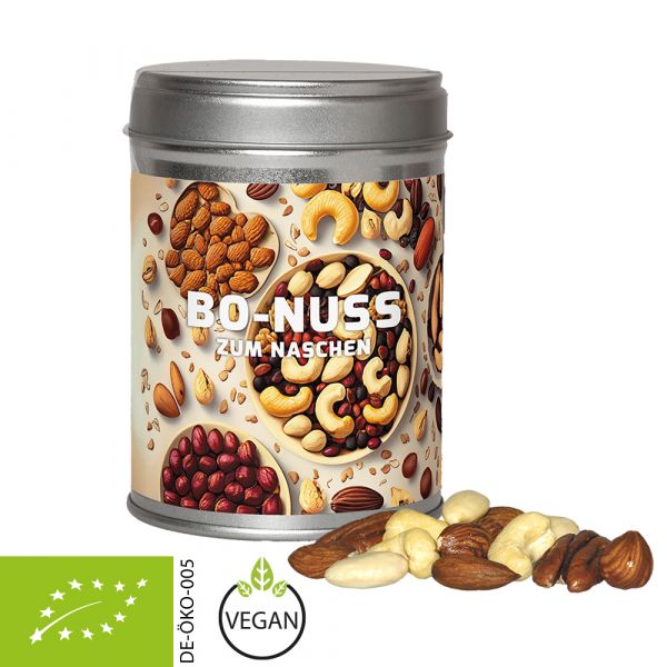 Organic nut mix 100g, dual tin with advertising label