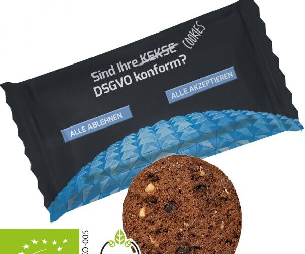 Organic vegan cookie chocolate hazelnut 7g, flowpack with custom print