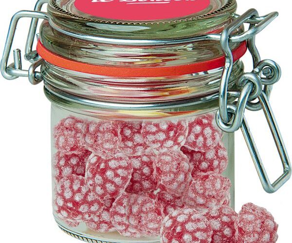 Raspberry candy 60g, candy jar mini with promotional label
