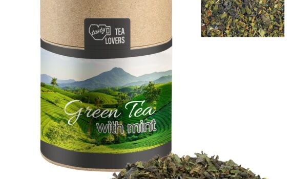 Organic green tea with mint, ca. 30g, cardboard can midi with promotional label