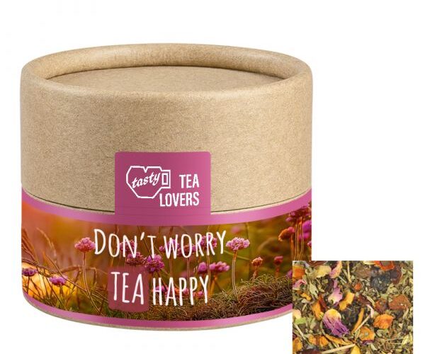 Organic herbal tea happiness 10g, cardboard can mini with advertising label