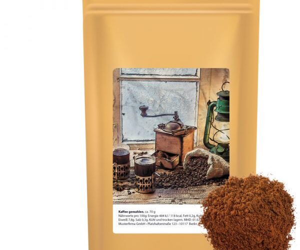 Ground coffee 70g, midi stand up pouch with promotional label