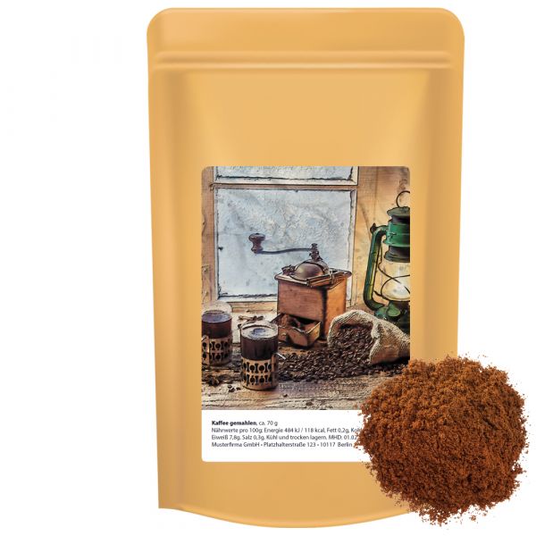 Ground coffee 70g, midi stand up pouch with promotional label