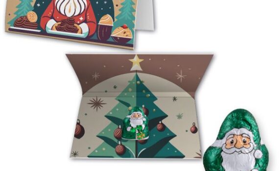Vegan chocolate mini Santa Claus 7g, express promotional card A6 folded with custom print