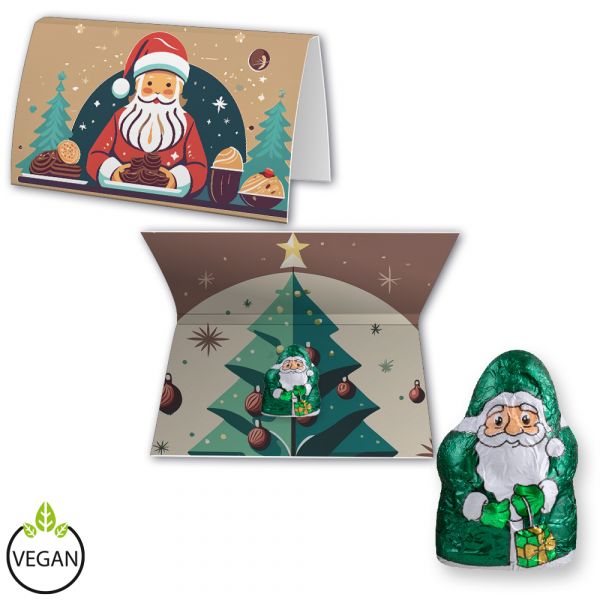 Vegan chocolate mini Santa Claus 7g, express promotional card A6 folded with custom print